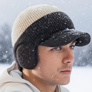 TEMU 1개 남성용 귀 보호 니트 모자 - 컬러 블록 디자인, 바이저 & 턱 스트랩 포함, 100% 아크릴 따뜻한 겨울 캡, 야외 여행, 하이킹, 낚시용 - 손세탁 가능, 혼합 색상, 스타일리시 헤드웨어, 내구성 있는 여행용 헤드기어|등산모자|남자모자