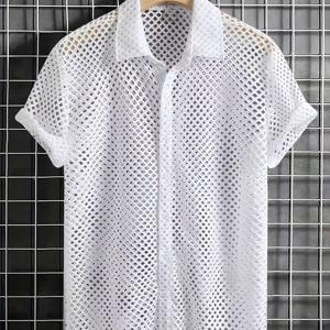 TEMU 여름 해변 파티, 휴가를 위한 남성용 솔리드 홀로우 아웃 라펠 반팔 버튼 업 셔츠