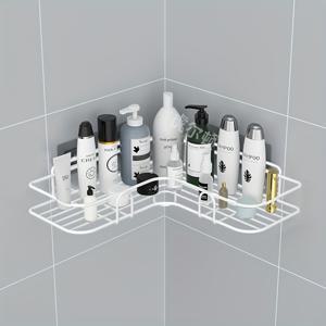 TEMU 1pc 월掛형 샤워 선반 & 욕실 오거나이저 - 드릴 필요없는 설치, 내구성 있는 철제제품, 페인트 마감, 샴푸, 화장품, 세면도구를 위한 다단 저장 랙 - 가정, 호텔용, 욕실 오거나이저 및 저장소, 세면도구 홀더, 현대적인 디자인, 노드릴 설치