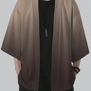 TEMU 남성 빈티지 그라데이션 프린트 루즈핏 김노 카디건 - 캐주얼 여름 비치웨어, 검정에서 갈색으로 페이드, 오픈 프론트, 가벼운 폴리에스테르, 손세탁만, 김노 스타일