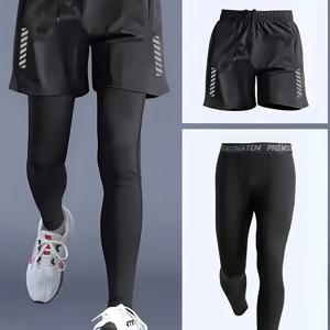 TEMU 남성용 고신축 폴리에스터 퀵드라이 레깅스 & 쇼츠 세트 2종, 러닝/체육관/농구용 - 봄/여름/가을 스포츠웨어|반바지|남자반바지|남성반바지