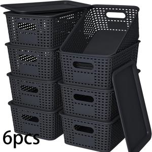 TEMU 뚜껑이 있는 6개 스택형 수납 상자 - 튼튼한 플라스틱 정리 바구니 (뚜껑 포함), 공간 절약형 선반 수납 용기 (가정, 사무실, 침실, 교실용) - 다용도 책상, 옷장, 선반 정리 - 가정에 적합