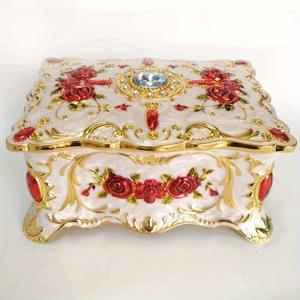 TEMU 네이비 블루 & 골드 플로랄 디자인의 현대 유럽 스타일 메탈 주얼리 박스 1개, 스냅 클로저, 패브릭 안감 - 결혼식, 크리스마스, 선물용 여성용 홈 데코 주얼리 오거나이저, 세련된 미학적 장식 디테일 | 장식용 주얼리 상자