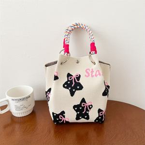 TEMU 여성용 새 니트 핸드백 귀여운 대용량 링 버클 끈 조임 캐주얼 접이식 3D 자석 버킷 백