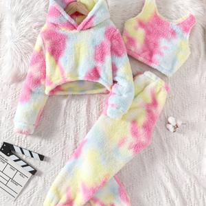 TEMU 여아용 겨울 홀치기 염색 양면 플러시 후드티, 조끼, 바지 세트 - 생생한 핑크, 옐로우, 패턴의 포근한 긴소매 의상, 추운 날씨, 캐주얼 웨어, 놀이 시간에 적합, 여아용 겨울 옷, 장난기 넘치는 디자인, 부드러운 질감