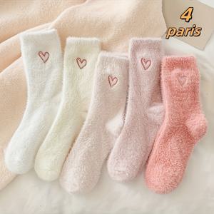 TEMU 4쌍 세트 플리스 안감 플러시 겨울 양말 - 두꺼운 보온성, 편안한 허리까지 오는 중목 양말 (핑크/베이지/화이트/브라운) - 집, 수면, 추운 날씨용 부드러운 야외 양말 - 대량 팩