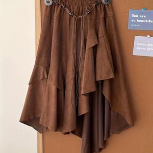 TEMU 여성용 프렌치 빈티지 A라인 스윙 스커트 - 비대칭 러플 밑단, 벨트 포함 커피 컬러 맥스 스윙 스커트, 가을/겨울용 루즈핏 드레스 (웨딩, 파티, 특별 이벤트용, 논스트레치)