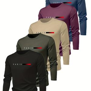 TEMU 5개 남성용 통기성 긴팔 티셔츠 - 파리 레터링이 있는 루즈핏 라운드넥 탑, 아웃도어 활동, 하이킹, 요가, 트레이닝을 위한 내구성 있는 원단 - 봄/가을 캐주얼 웨어, 하이킹 의류, 편안한 착용감, 하이킹 의류, 편안한 스타일|요가|요가복|티셔츠