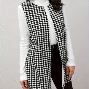 TEMU 하운드투스 프린트 오픈 프런트 조끼, 우아한 봄 가을용 슬리브리스 조끼, 여성 의류