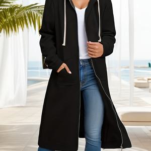 TEMU 여성용 플러스 사이즈 남색 후드 지퍼 자켓 - 긴 소매, 캐주얼 가을 & 겨울 착용, 캐주얼 겨울 착용 | 우아한 긴 소매 자켓 | 니트 구성, 플러스 사이즈