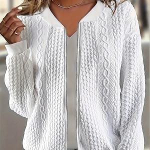 TEMU 여성용 화이트 텍스처드 베이스볼 칼라 캐주얼 자켓, 프론트 지퍼, 기계 세탁 가능 긴소매 가을 겨울 아우터웨어, 독특한 패턴 디자인의 우아한 룩