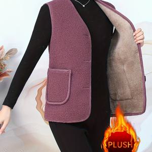 TEMU 플러스 사이즈 - 여성용 겨울 기모 안감 조끼 | 민소매, V넥, 단색, 레이어드 및 아우터웨어로 착용 가능
