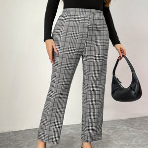 TEMU 우아한 플러스 사이즈 여성용 핏 바지, 기하학적 하운드투스 패턴, 약간의 신축성이 있는 폴리에스테르 니트 원단, 모든 계절에 편안함을 제공합니다.