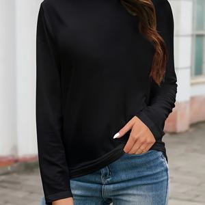 TEMU 여성용 클래식 캐주얼 긴팔 티셔츠 - 솔리드 블랙 라운드넥 탑, 사계절 활용 가능한 기계 세탁 가능 셔츠, 레이어링 피스, 심플한 디자인, 편안한 핏, 부드러운 소재