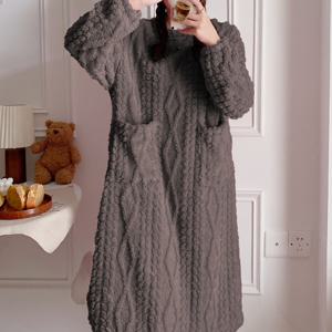 TEMU 여성용 아늑한 플리스 안감 장수 니트가운 - 따뜻한 퀼트 자카드 패턴, 리브드 커프 & 포켓, 크루 넥, 가을/겨울용 캐주얼 홈웨어, 편안한 루즈웨어, 부드러운 질감 의류