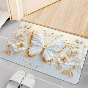 TEMU 1개 고급스러운 골든 & 플로럴 디자인 흡수성 규조토 매트 - 미끄럼 방지, 빠른 건조 러그, 현관, 욕실, 주방, 거실, 카페, 바, 정원용 - 우아한 화이트 골드 악센트, 이상적인 개인 관리 선물, 카페 장식 러그 | 우아한 러그 디자인 | 빠른 건조 소재