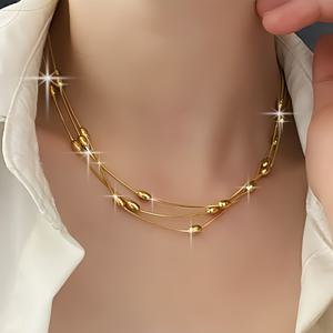 TEMU 세계적인 스테인레스 스틸의 세 가지 층으로 구성된 세련된 다층 비즈 목걸이, 비즈 디자인으로 다재다능한 경쾌한 스타일, 일상 패션 액세서리, 남녀 모두에게 적합, 모든 계절에 다재다능