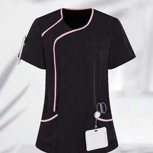 TEMU 스타일리시 블랙 & 핑크 대비 트림 반팔 워크 셔츠 - 멀티포켓 라운드넥 프로페셔널 유니폼 탑, 미용실 및 스파용 세탁기 사용 가능