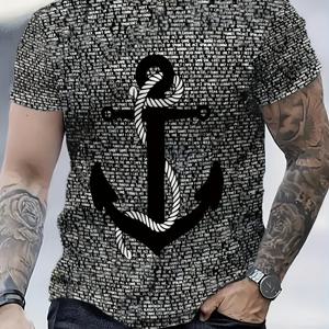 TEMU 남성 스타일리시 앵커 프린트 티셔츠 - 흰색 앵커 디자인, 반팔, 라운드 넥, 캐주얼 올 시즌 티, 캐주얼 웨어 | 해양 테마 | 편안한 핏, 해양 의류