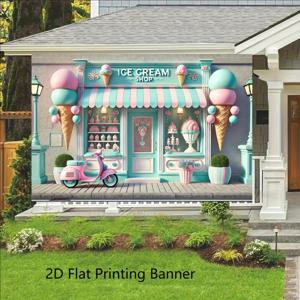 TEMU 2D 플랫 배너, 1개, 테마 디저트 샵 파티 배너, 휴일·생일·결혼식 장식용 폴리에스터 배경막, 벽걸이 태피스트리, 야외 차고 장식 깃발, 스튜디오 소품