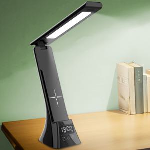 TEMU 조절 가능한 LED 책상 램프, 스마트 터치 제어, 3가지 색상 모드, 무선 충전, USB 포트, 눈 보호 기술, 접이식 디자인 및 시계 디스플레이 - 독서 및 사무실 사용에 이상적, 사무실 책상 액세서리