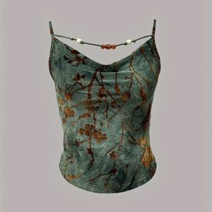 TEMU 우아한 꽃무늬 프린트 여성용 캐미 탑 - 오프숄더, 슬리브리스, 스트레치 폴리에스터 블렌드, 갈색과 녹색 잎 디자인, 여름 또는 봄에 완벽, 봄 패션 탑 | 꽃무늬 프린트 캐미 | 폴리에스터 블렌드