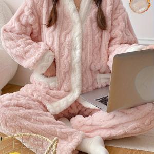 TEMU 여성용 귀여운 겨울 V넥 플리스 파자마 세트 - 편안한 긴팔 라운지웨어, 앞 포켓, 부드러운 핑크색과 흰색, 청소년 및 성인에게 완벽한 루즈웨어 파자마 | 재미있는 디자인 | 부드러운 소재, 여성용 파자마