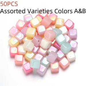 TEMU 50개 아크릴 혼합 색상 젤리 큐빅 비즈 - 기하학 패턴이 있는 파스텔 스퀘어, DIY 팔찌 & 목걸이 참, 휴대폰 케이스 키체인 가방 펜던트 장식 액세서리, 귀여운 비즈 액세서리, 플레이풀 디자인, 매끄러운 질감