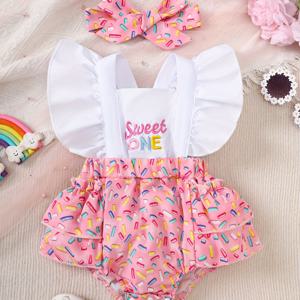 TEMU 봄/여름용 귀여운 캐릭터 레터 자수와 헤어밴드가 포함된 여아용 쿨 캐주얼 바디슈트 투피스