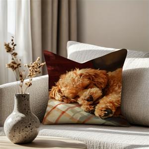 TEMU 1개 빈티지 슬리핑 퍼피 베개 커버 - 지퍼 잠금 쿠션 케이스, 부드러운 플러시 홈 데코 (거실, 침실, 차량용) - 세탁기 사용 가능 펫 러버 선물 (크리스마스, 생일, 발렌타인데이), 브라운 & 탄색, 아늑한 인테리어 액세서리, 고품질 프린트, 휴가 쇼퍼즈