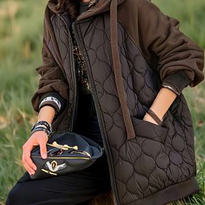 TEMU 플러스 사이즈, 여성용 우아한 오버사이즈 겨울 코트 - 두꺼운 인조 퍼 칼라 & 풀 길이 포켓, H-라인 실루엣, 플러스 사이즈 가능, 기계 세탁 가능한 브라운 트렌치 재킷, 가을 & 겨울 아우터웨어, 후드 칼라가 있는 편안한 핏, 단색 디자인, 긴 소매, 캐주얼 또는 정장용 기능적 포켓