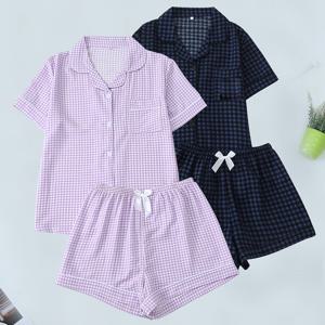 TEMU 청소년용 2세트 4피스 파자마 세트 - 보라색과 검정 체크무늬 파자마, 탄력 있는 반팔 상의와 쇼츠, 사계절 캐주얼 여성 라운지웨어 세트, 기계세탁 및 드라이클리닝 가능, 야외 활동이나 편안한 홈웨어에 적합