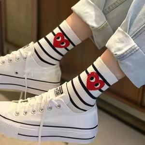 TEMU 하트 패턴 미드 캐프 양말 5켤레 - 한국 스타일, 귀여운 패션 액세서리, 폴리에스터, 디자인, 사랑스러운 양말, 데일리 웨어,장난기 넘치는 디자인,편안한 착용감,통기성 소재,선물 아이디어