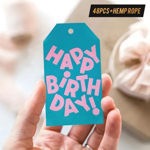 TEMU 48개 행복한 생일 선물 태그 - 화려한 블루 & 핑크 디자인, 파티 장식용 카드 및 선물에 완벽, 내구성 있는 비닐 라벨, 생일 파티 | 강렬한 폰트, 투라인 포함
