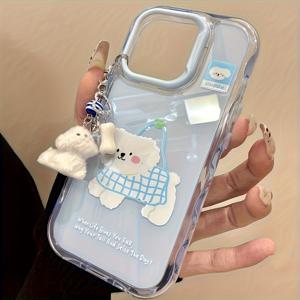 TEMU 귀여운 만화 스타일 격자형 가방 강아지 펜던트 웨이브 젤리 폰 케이스, 아이폰 16/11/13/ Plus/15 Pro/15 Pro Max/12/14 Pro Max/11 Pro Max/12 Pro/12 Pro Max/13 Pro/13 Pro Max/14 Pro/14 Plus 호환, 매력적인 후면 디자인 ~ 웨이브 젤리 - 블루 S|아이폰케이스