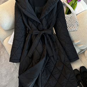 TEMU 여성용 우아한 롱 후드 코트 - 겨울 정장 & 캐주얼 아우터웨어, 조절 가능한 드로스트링 허리, 비탄력 소재, 세탁기 사용 가능, 오피스, 파티, - 고급 여성 코트