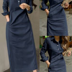 TEMU 여성용 캐주얼 긴팔 셔츠 드레스 - 단색 버튼업 칼라, 봄 여름 가을용 핏감 좋은 실루엣, 다용도 오피스 & 캐주얼 의상, 쉬운 관리 기계 세탁 가능, 계절 패션, 클래식 칼라 디자인, 비침 방지 원단, 여성용 롱 슬리브 드레스, 여성 드레스, 캐주얼 및 우아한 드레스, 가을 드레스, 롱 드레스, 여성 드레스, 여름 드레스, 웨딩 게스트 드레스