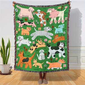 TEMU 재미있는 강아지 패턴 자카드 담요 - 풍부한 컬러 믹스와 태슬 트림, 침대/소파/낮잠용/에어컨 커버로 사용 가능, 사계절 내내 실내외 캠핑 차량용 담요