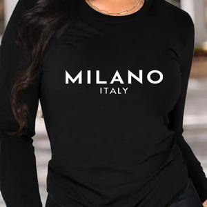 TEMU 여성용 긴팔 티셔츠 - 부드럽고 신축성 있는 상의, 사무실 및 캐주얼 착용을 위한 일상 셔츠 - 사계절 레이어링 필수품 - 밀라노 이탈리아 - 여성 의류, 다재다능한 워드로브 스타일, 편안한 핏, 프린트 티, 패션 감각 있는 여성, 오피스 웨어, 트렌디 블라우스, 통기성 소재, 프린트 블라우스, 패션 애호가