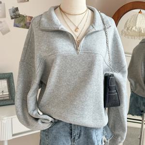 TEMU 여성용 캐주얼 그레이 지퍼업 후드티 - 앞 포켓, 긴 소매, 끈 조절 가능, 사계절 편안함, 캐주얼 웨어 후디 | 지퍼업 후디 | 앞 포켓 후디, 블랙 와이드 지퍼 스웨트셔츠, 블랙 앤 화이트 지퍼 프론트 롱 슬리브 탑, 여성 시크 화이트 지퍼업 후디