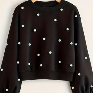 TEMU 여성용 우아한 진주장식 스웨터 - 블랙 & 화이트 펄 버튼, 라운드넥, 부드러운 신축성 있는 소재, 세탁기 사용 가능, 겨울철 따뜻함, 캐주얼에서 포멀까지 다양하게 활용 가능 (화이트 펄 악센트) - 사계절/겨울에 어울리는 데일리&특별한 날을 위한 만능 스웨터, 미국인 여성들에게도 적합