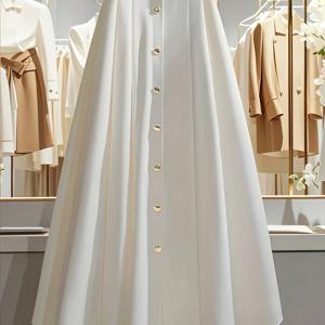 TEMU 화이트 프렌치 스타일 스커트 - A라인 버튼 프론트 클로저 숏 드레스, 솔리드 컬러 졸업 스커트 봄 여름 가을용, 손세탁 가능한 