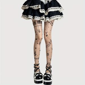 TEMU 여성용 얇은 블랙 뮤직 노트 팬티 - 콘서트, 파티, 일상복을 위한 시스루 레깅스 - 손세탁 가능한 우아한 바지, 기하학 패턴, 섬세한 질감, 패션 호시어리, 음악 애호가를 위한