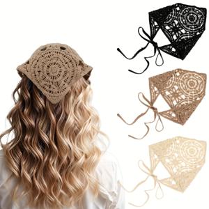 TEMU 3개 세트 여성용 크로셰 헤어밴드 - 조절 가능한 미끄럼 방지 삼각 헤드스카프 & 헤어 반다나, 가벼운 헤어 액세서리 리본 클로저, 베이지/탄/블랙 - 브레이드, 번, 일상 및 정장용 - 스타일 헤어웨어, 홀로우 크로셰 디자인, 레트로 헤어 커치프, 손세탁 또는 드라이클리닝, 캐주얼 및 정장 스타일링에 완벽 (블랙, 베이지, 카키, 브라운)