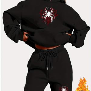 TEMU 1세트 2피스 패셔너블 여성용 우아한 스타일 화이트 스파이더와 레드 거미줄 패턴 프린트 후드 스웨트셔츠와 안감 긴 바지, 가을/겨울용 풀오버 스포츠 셔츠