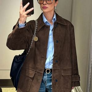 TEMU 여성용 우아한 캐주얼 재킷 - 긴소매 버튼 앞면 코트, 포켓, 단색 브라운, 봄/가을용 데일리 및 포멀 행사 아우터