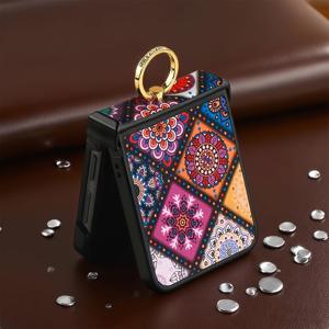 TEMU 에스닉 디자인의 PC 소재로 제작된 세련된 풀커버 휴대폰 케이스. 프리미엄한 느낌과 슬로우링 홀더가 특징이며, 갤럭시 Z 플립3/4/5/6/7 시리즈 휴대폰 보호 케이스로 적합합니다.