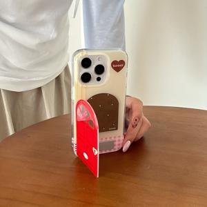 TEMU 아이폰 16 Pro Max 케이스 / 아이폰 15 Pro Max 케이스 / 14 Pro 케이스 / 13 Pro 케이스 / 아이폰 13 케이스에 적합한 이중 레이어 하트 + 레드 창 접이식 메이크업 거울 폰 케이스 / 스타일리시 여성용 폰 케이스 / 폰 케이스