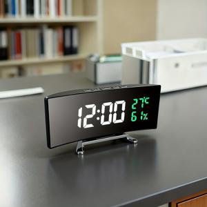 TEMU 온도 습도 모니터링 기능이 있는 창의적인 LED 곡선 온도 습도 알람, 듀얼 전원 (플러그/배터리 백업), 수면 모드, 스누즈 기능, 배터리 없음, 현대적인 직사각형 디자인, 깊은 수면을 하는 사람에게 적합, 가정, 사무실에 이상적