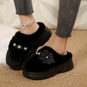 TEMU 여성용 플러시 기모 안감 겨울 신발 - 아치 & 플랫폼 힐이 있는 부드러운 슬립온 무울, 포근한 플러시 기모 & 플러시 깔창, 사계절 따뜻함, 캐주얼한 솔리드 컬러 디자인, 편안한 신발, 내구성이 뛰어난 PVC 밑창